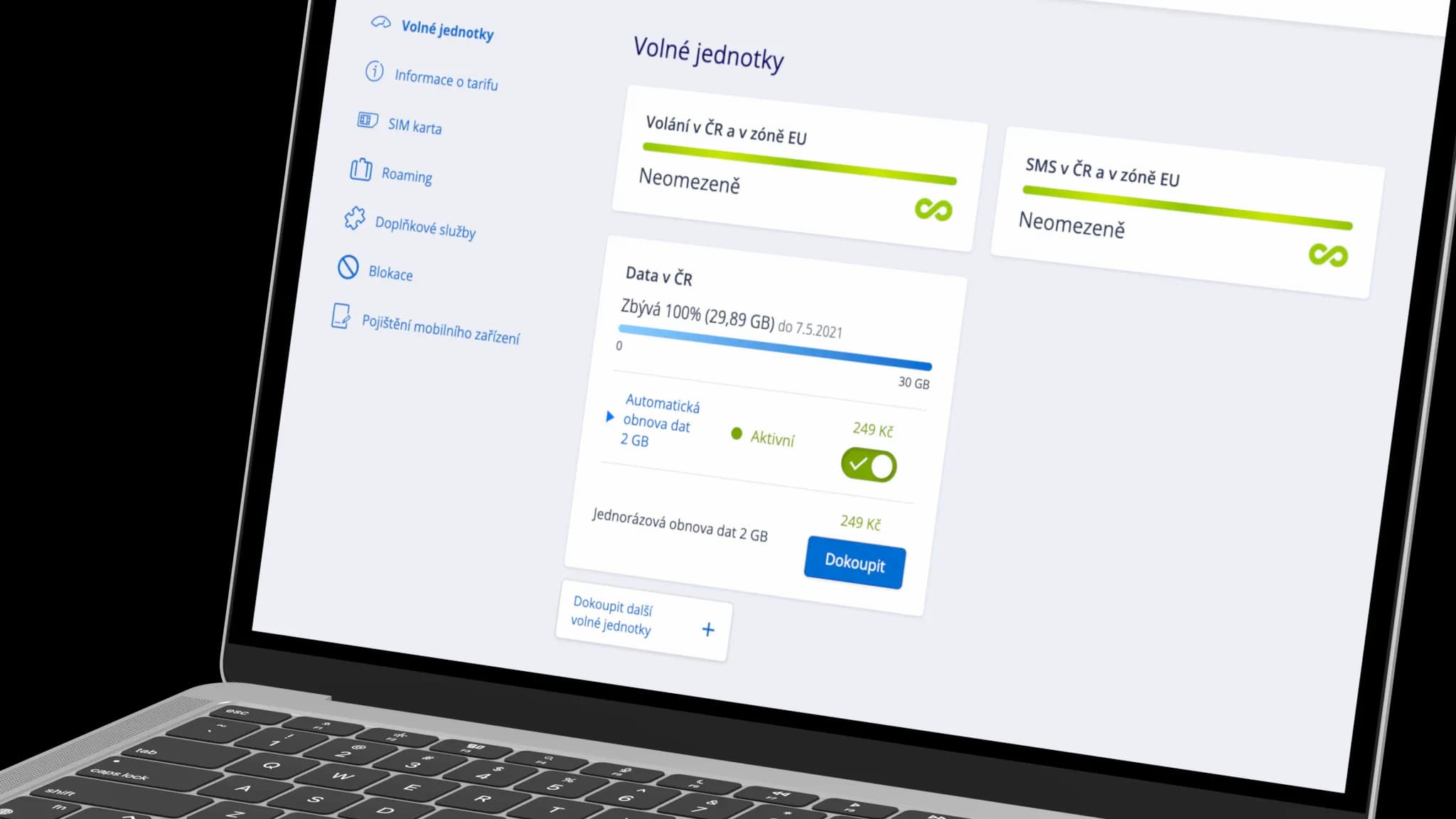Ukázka klientské zóny O2 Family